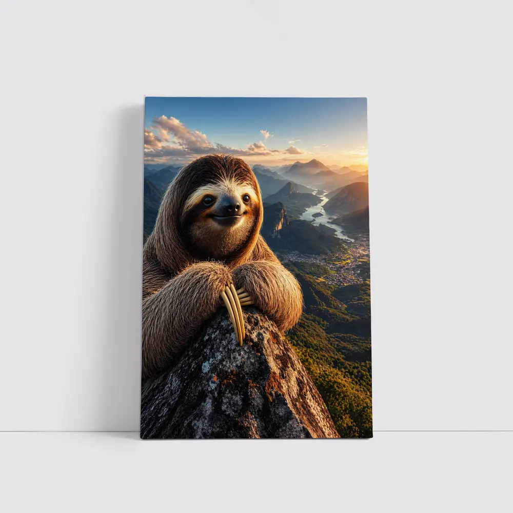 Sloth Perched on Mountain Summit Sunset View – Wall Art