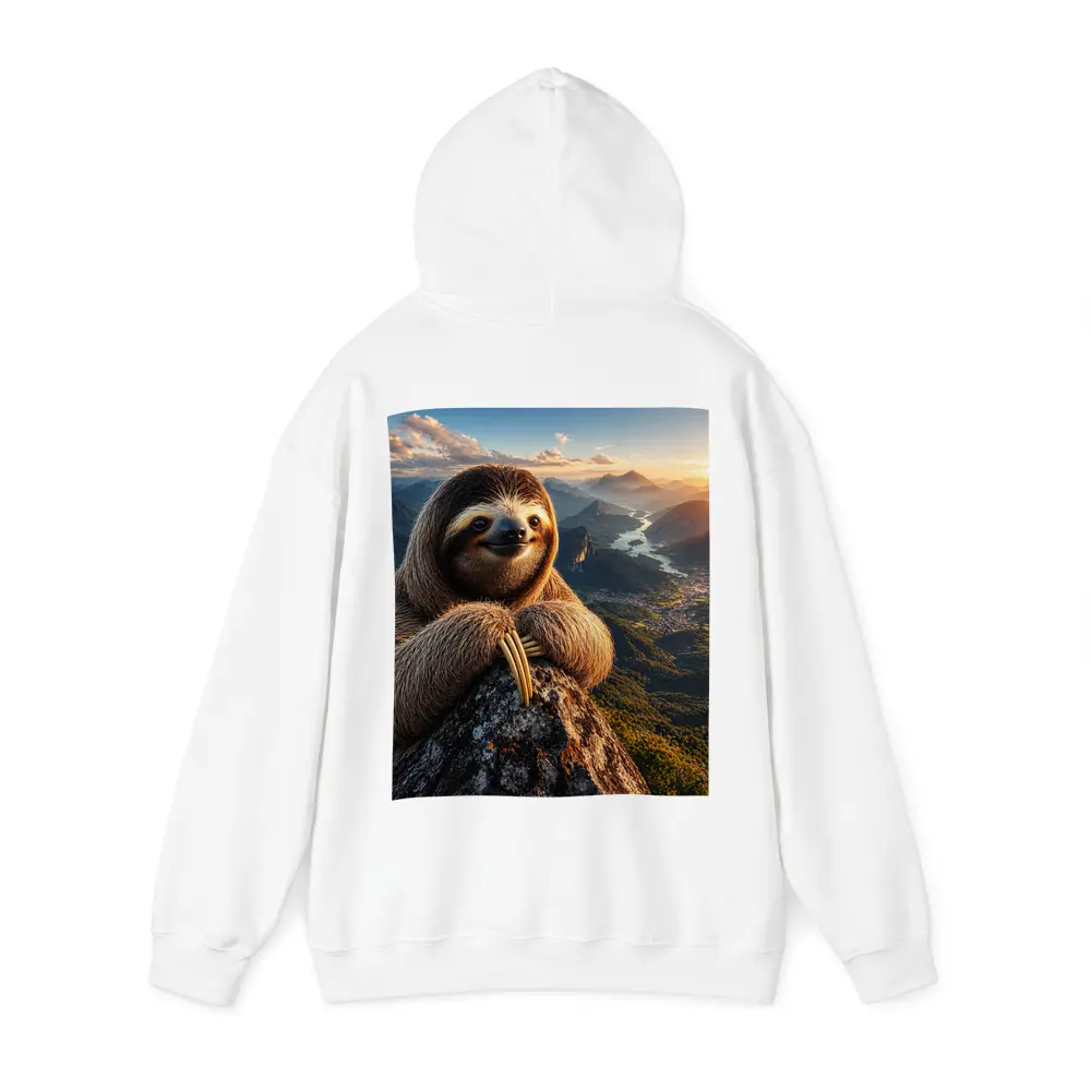 Sloth Perched on Mountain Summit Sunset View – Hoodies