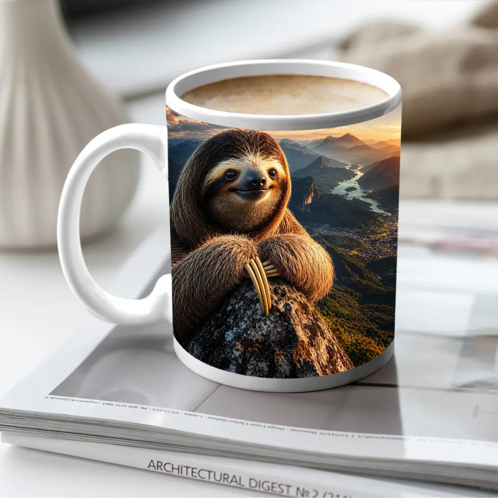 Sloth Perched on Mountain Summit Sunset View – Mugs