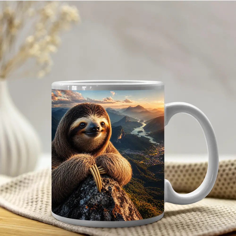 Sloth Perched on Mountain Summit Sunset View – Mugs