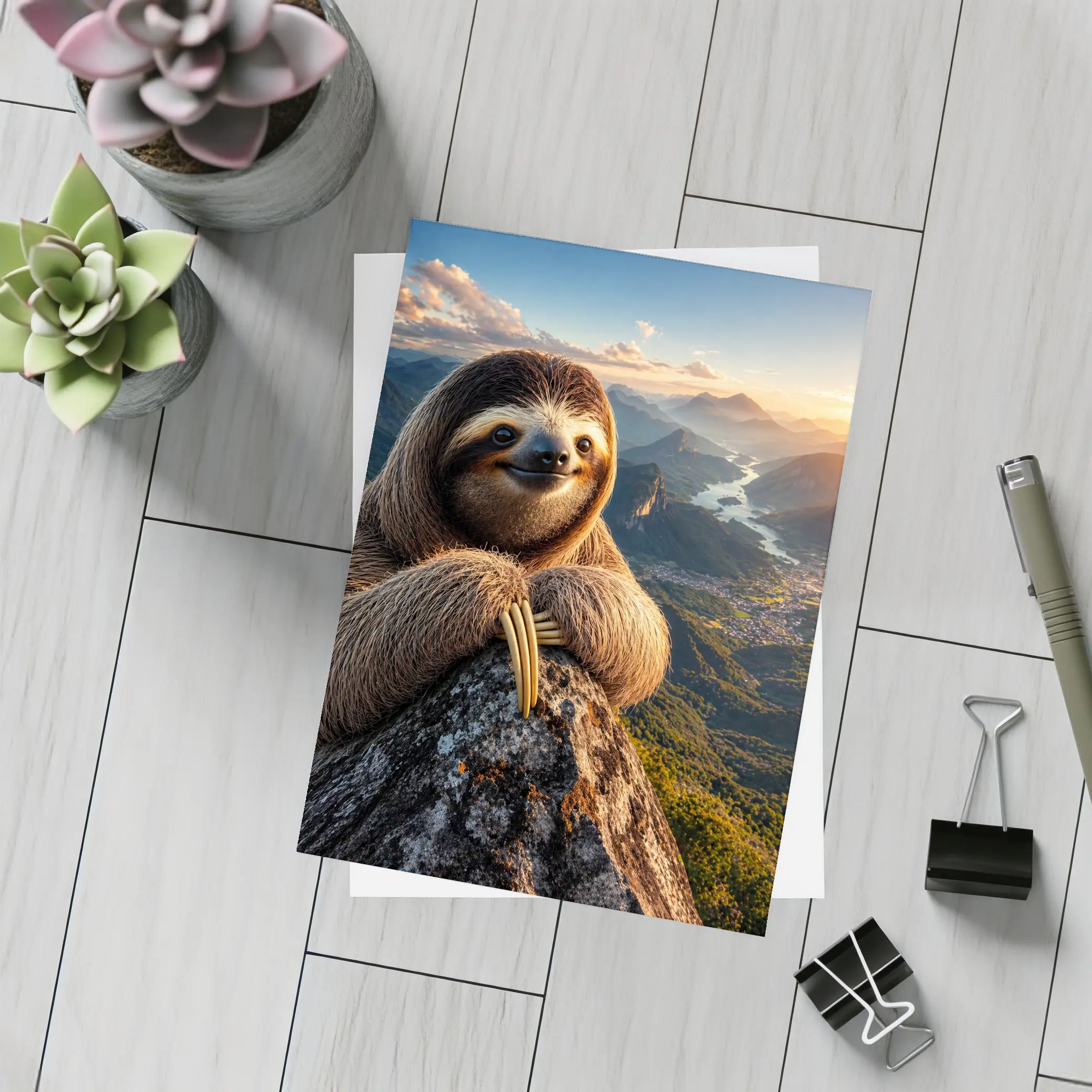 Sloth Perched on Mountain Summit Sunset View – Postcards
