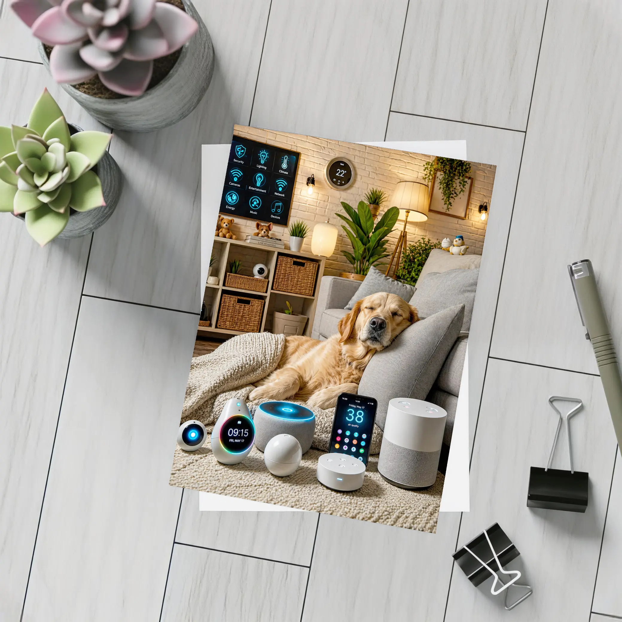 Golden Retriever Relaxing in Smart Home – Postcards
