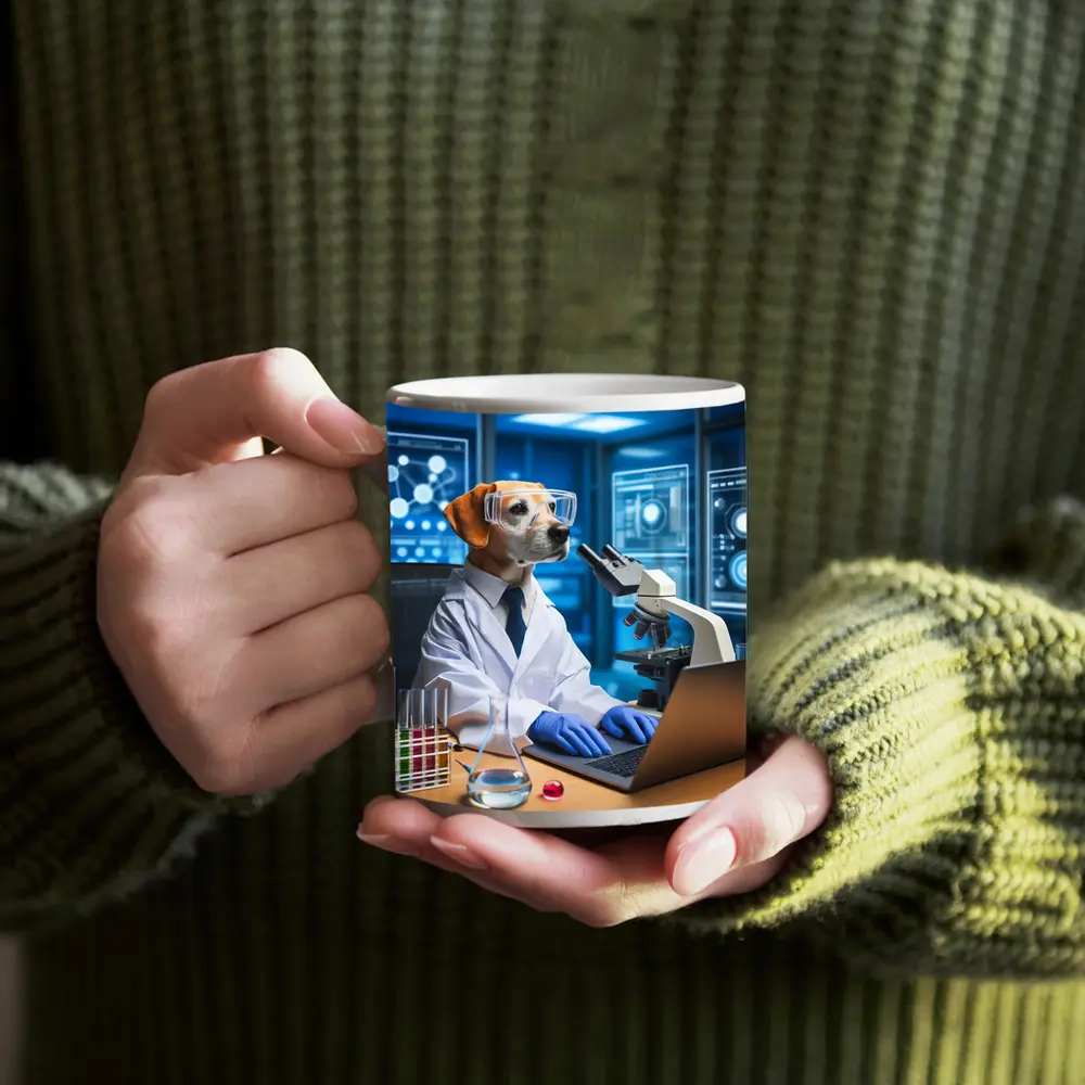Labrador Scientist Dog in Futuristic Lab – Mugs