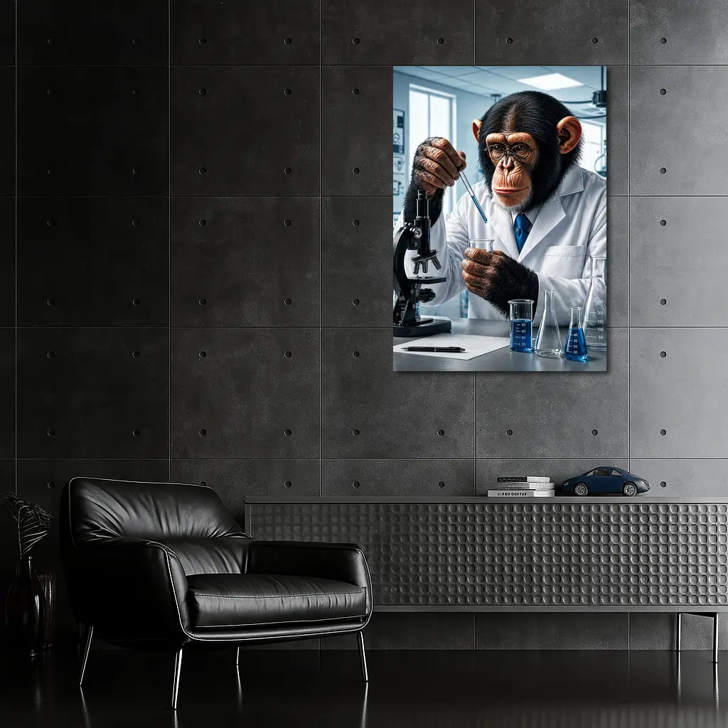 Chimpanzee Scientist In Laboratory With Microscope – Wall Art