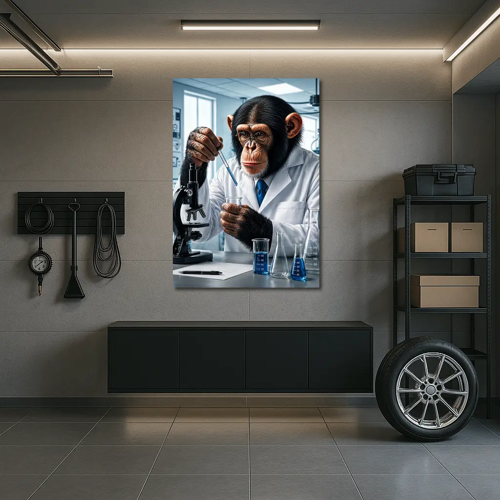 Chimpanzee Scientist In Laboratory With Microscope – Wall Art