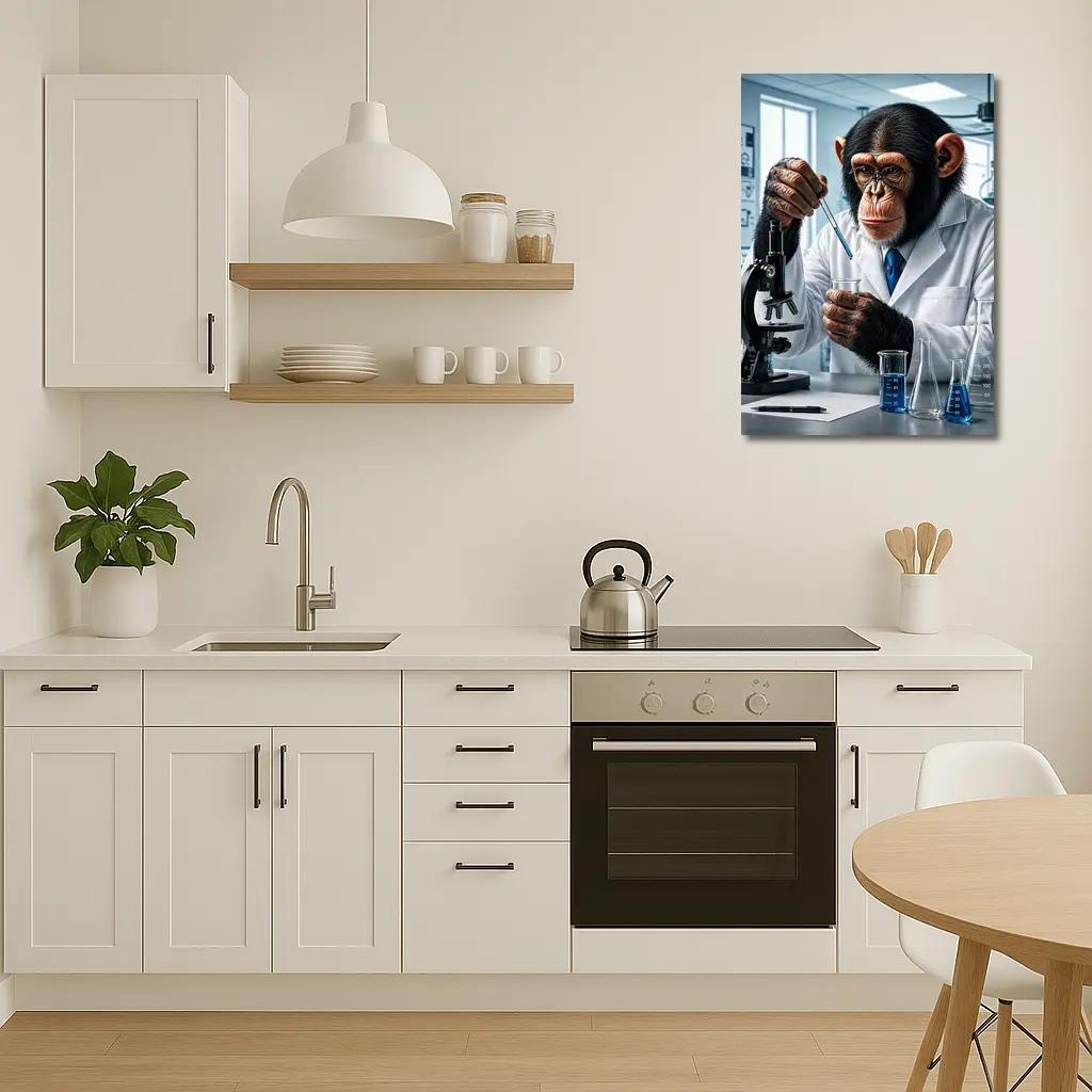 Chimpanzee Scientist In Laboratory With Microscope – Wall Art