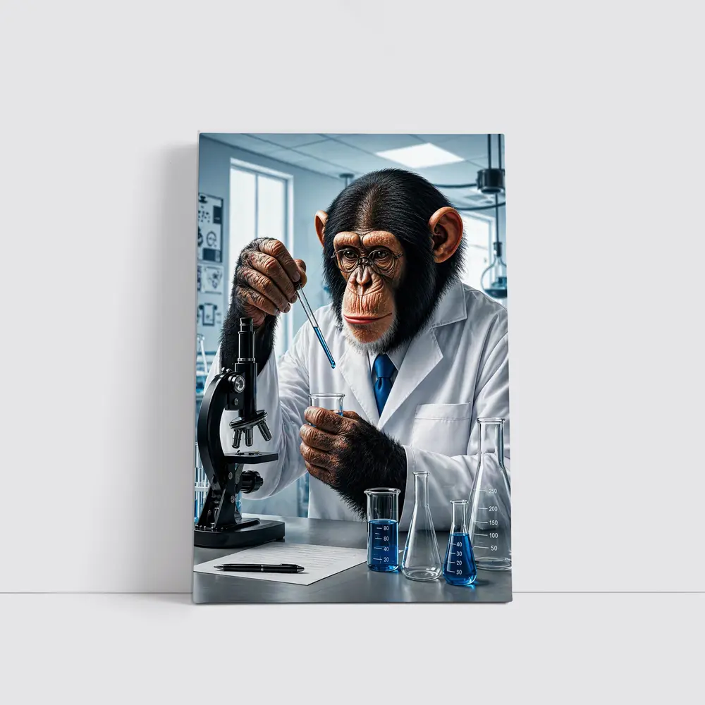 Chimpanzee Scientist In Laboratory With Microscope – Wall Art