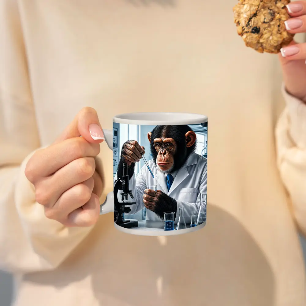 Chimpanzee Scientist In Laboratory With Microscope – Mugs