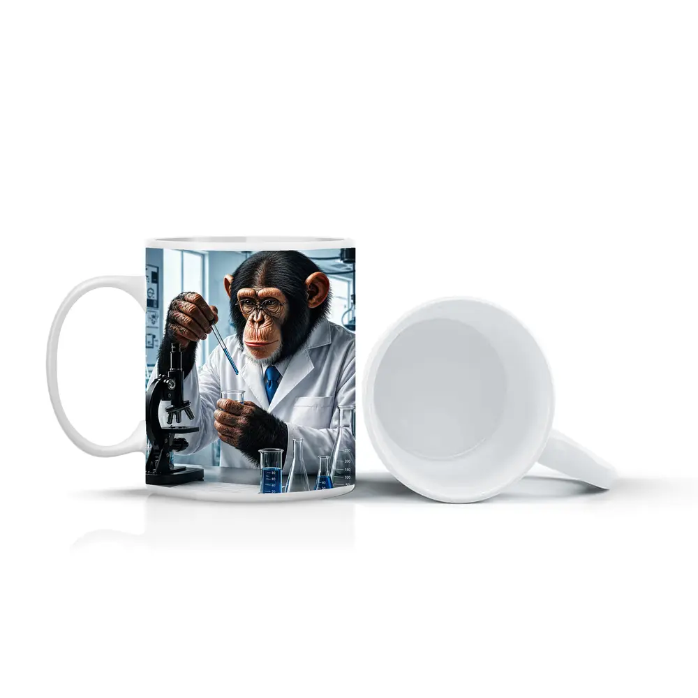 Chimpanzee Scientist In Laboratory With Microscope – Mugs