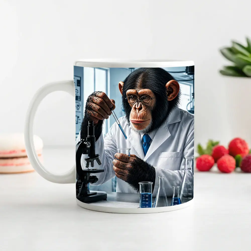 Chimpanzee Scientist In Laboratory With Microscope – Mugs