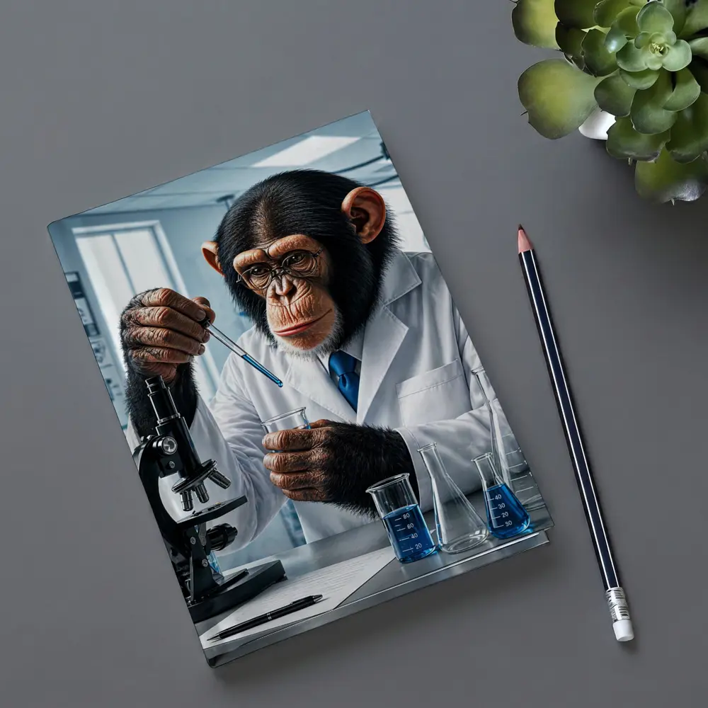 Chimpanzee Scientist In Laboratory With Microscope – Notebooks