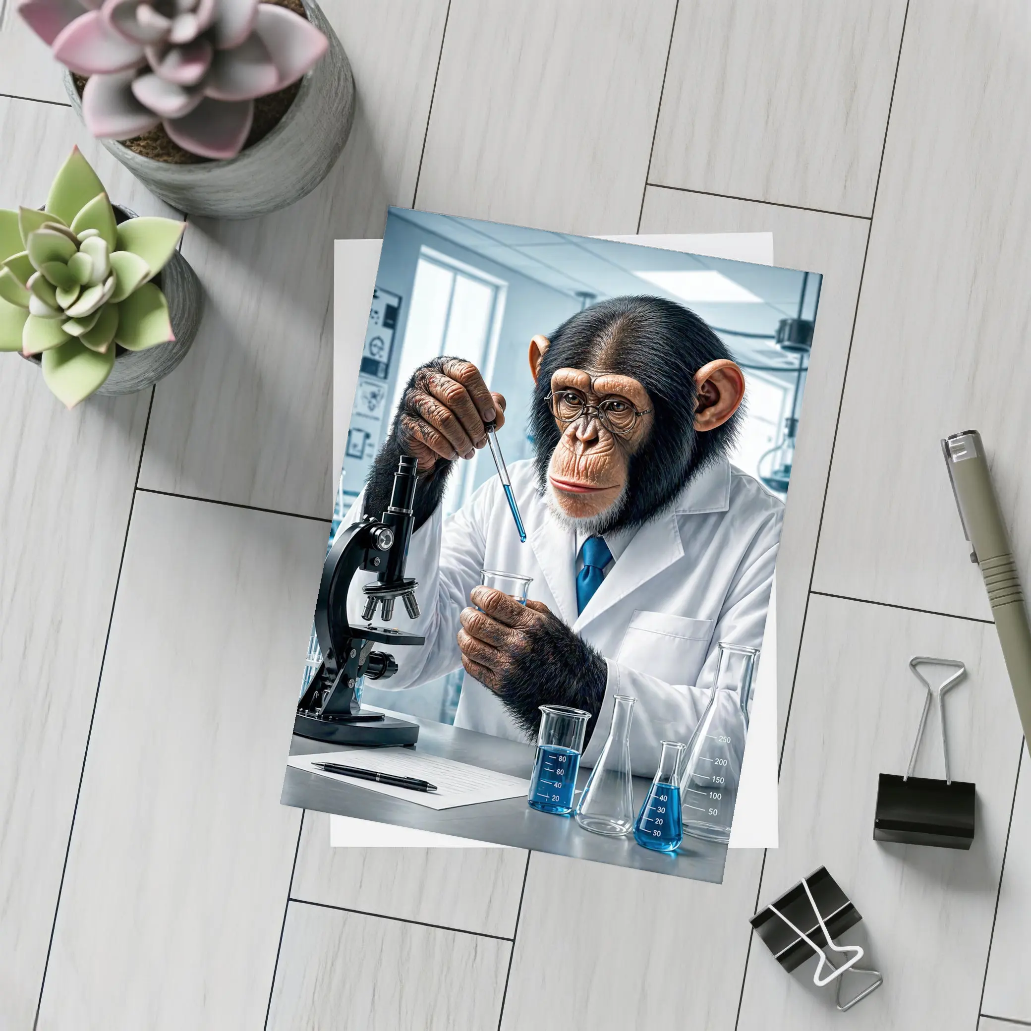 Chimpanzee Scientist In Laboratory With Microscope – Postcards