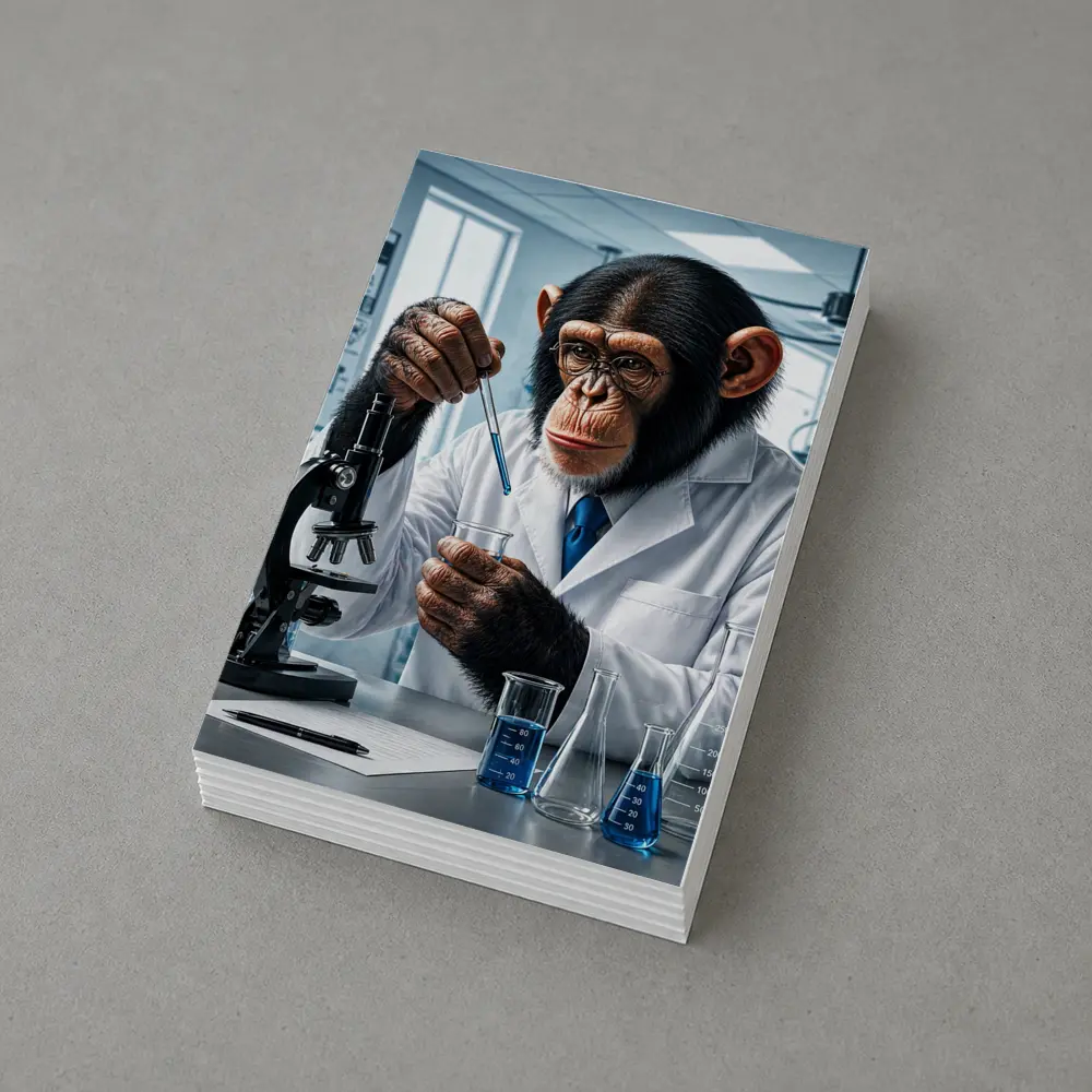 Chimpanzee Scientist In Laboratory With Microscope – Postcards