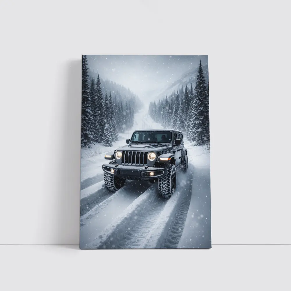 Jeep Wrangler Driving Snow Covered Winter Road – Wall Art