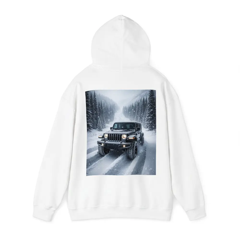 Jeep Wrangler Driving Snow Covered Winter Road – Hoodies