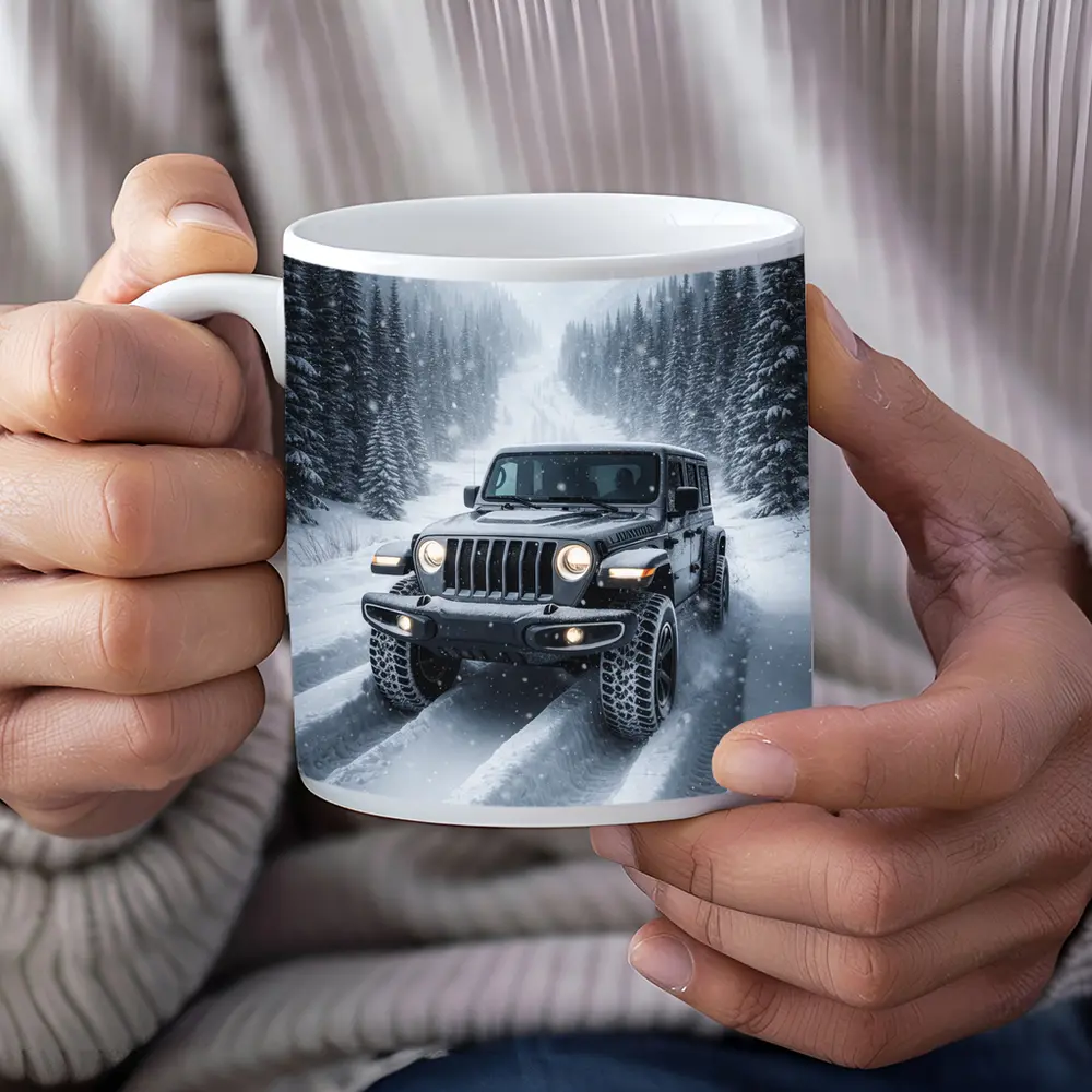 Jeep Wrangler Driving Snow Covered Winter Road – Mugs