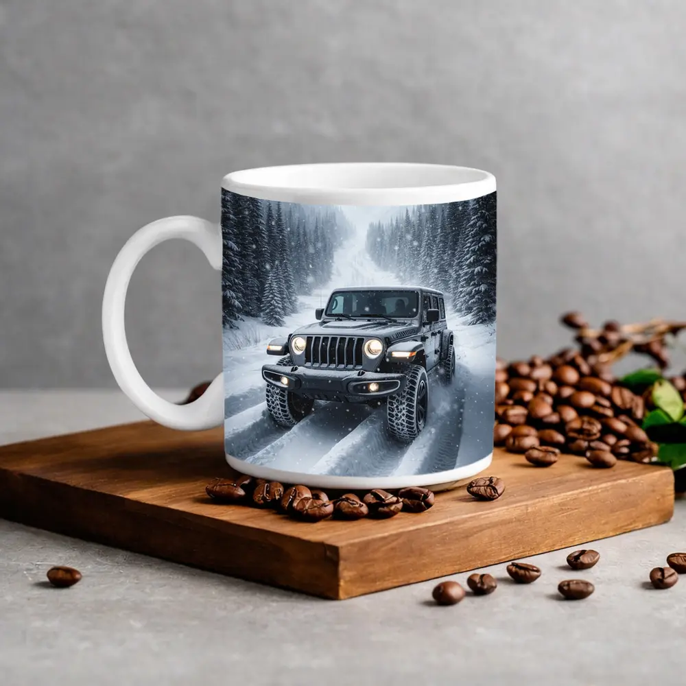 Jeep Wrangler Driving Snow Covered Winter Road – Mugs