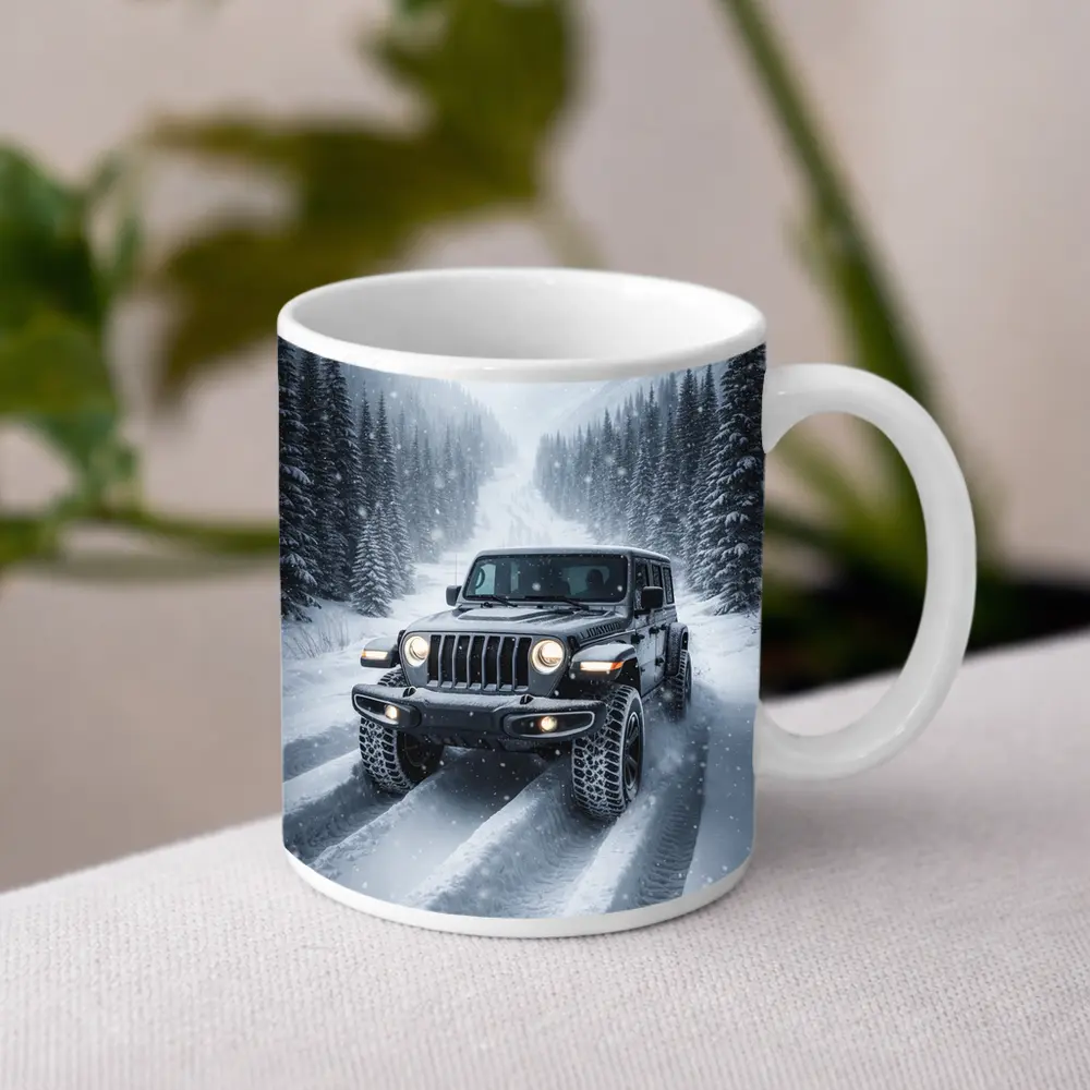 Jeep Wrangler Driving Snow Covered Winter Road – Mugs