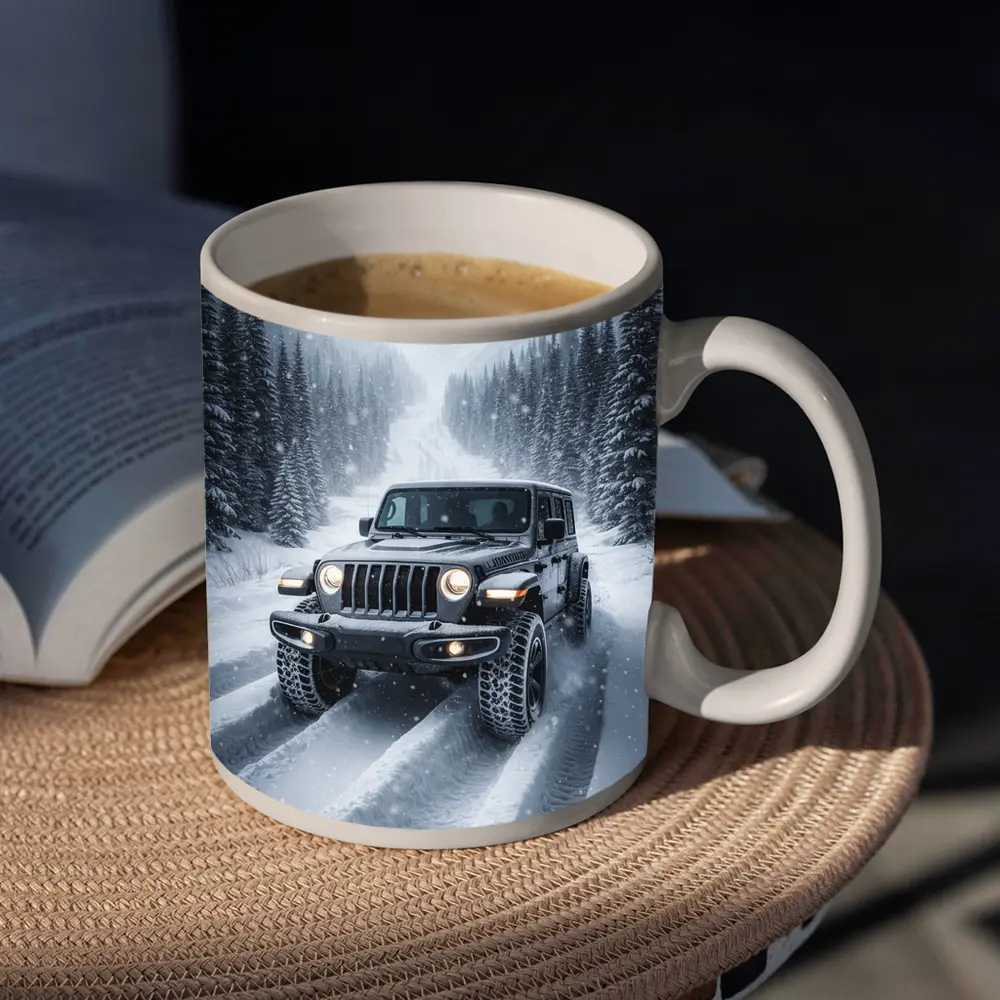 Jeep Wrangler Driving Snow Covered Winter Road – Mugs