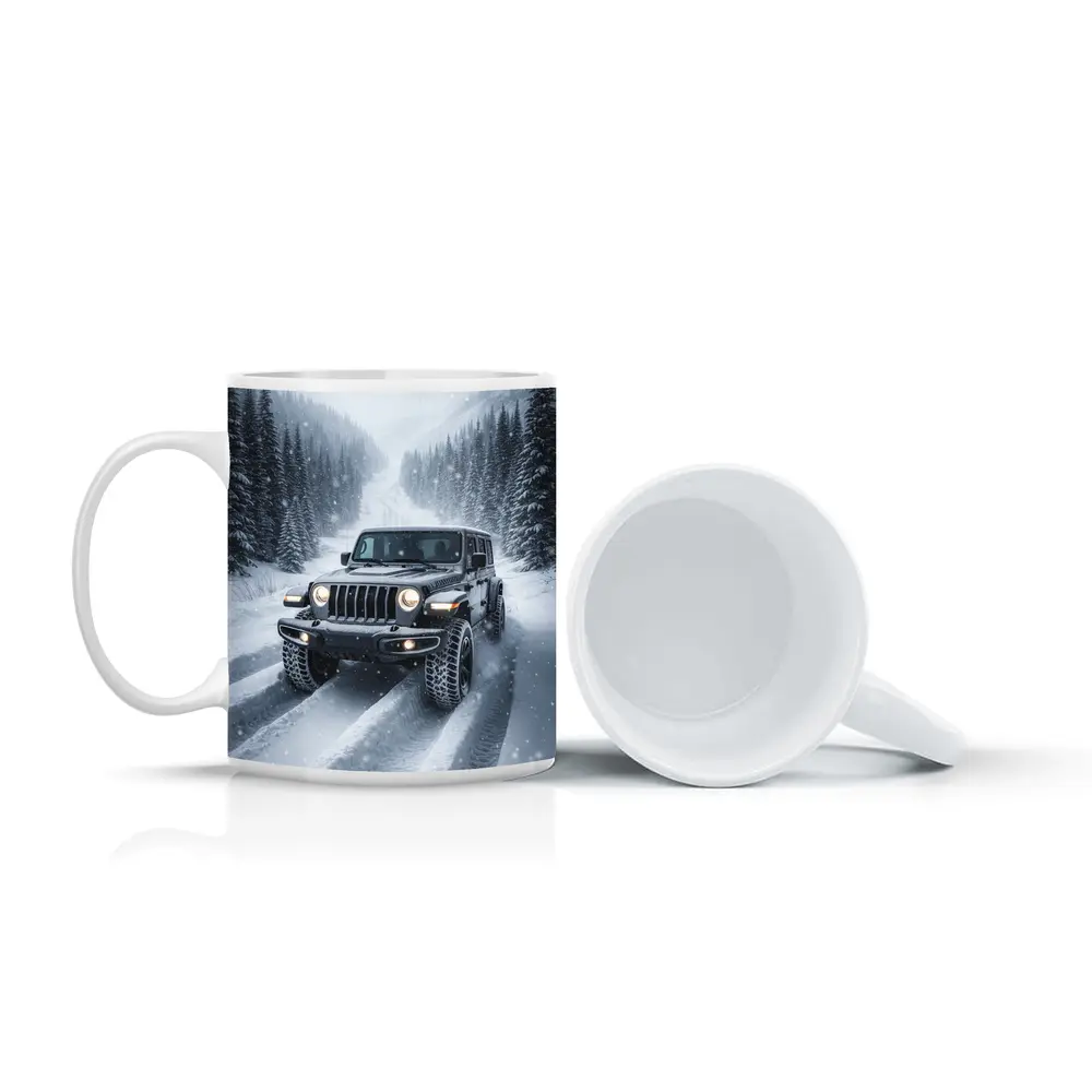 Jeep Wrangler Driving Snow Covered Winter Road – Mugs