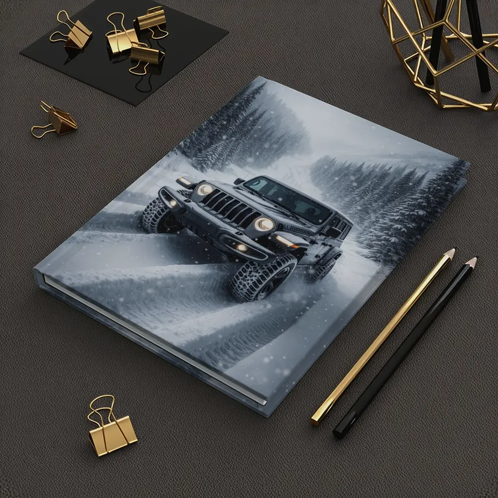 Jeep Wrangler Driving Snow Covered Winter Road – Notebooks