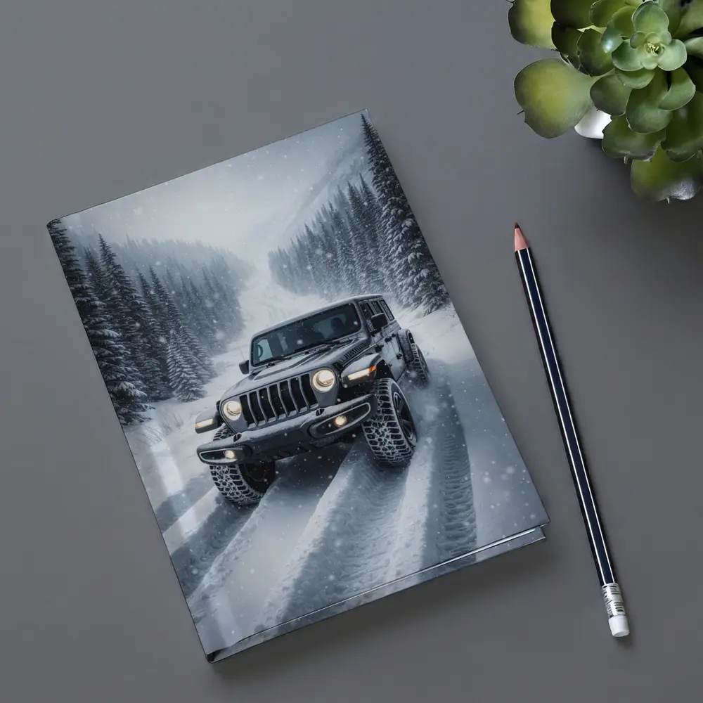 Jeep Wrangler Driving Snow Covered Winter Road – Notebooks