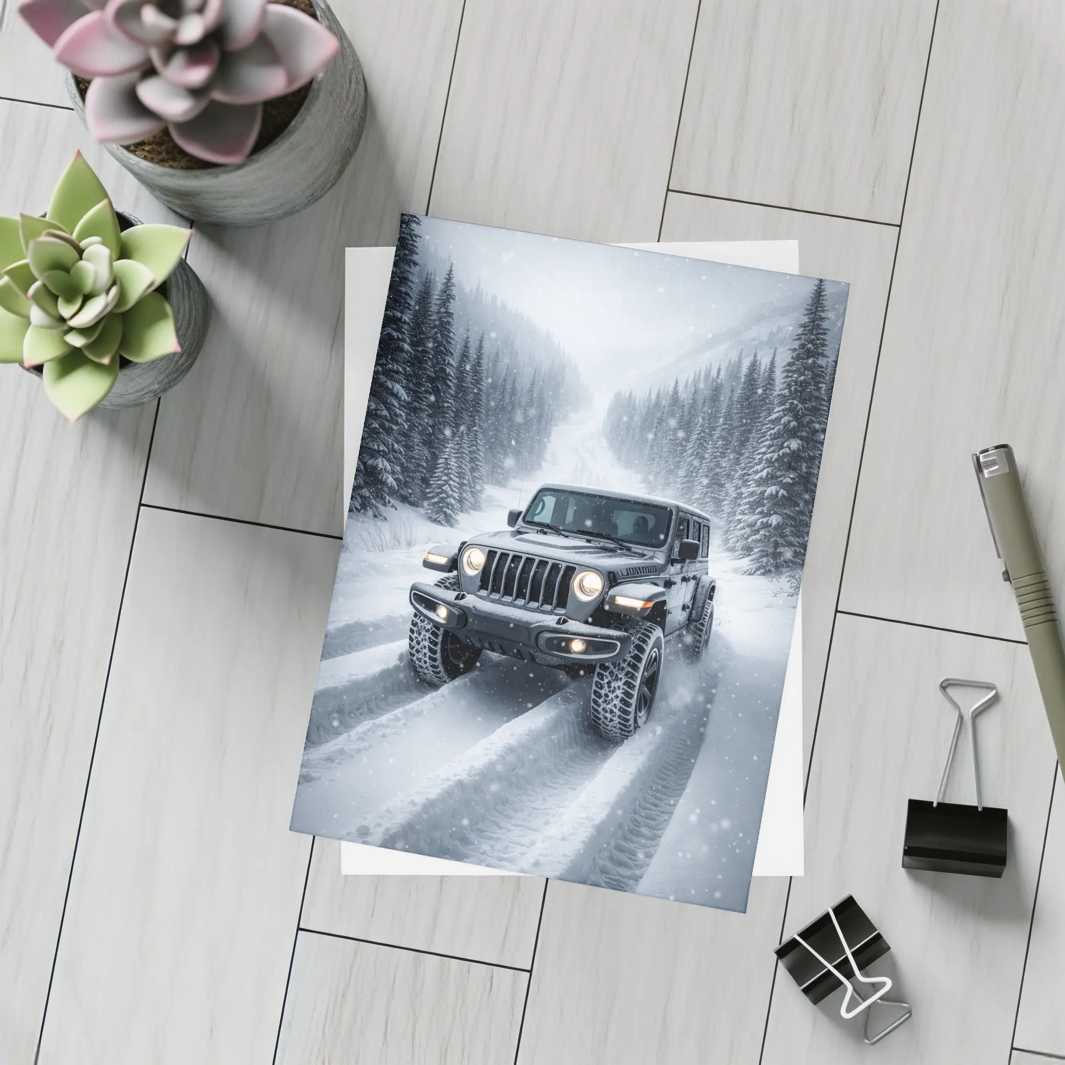 Jeep Wrangler Driving Snow Covered Winter Road – Postcards