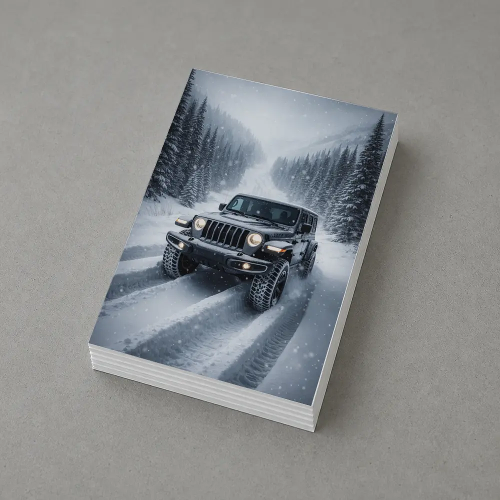 Jeep Wrangler Driving Snow Covered Winter Road – Postcards