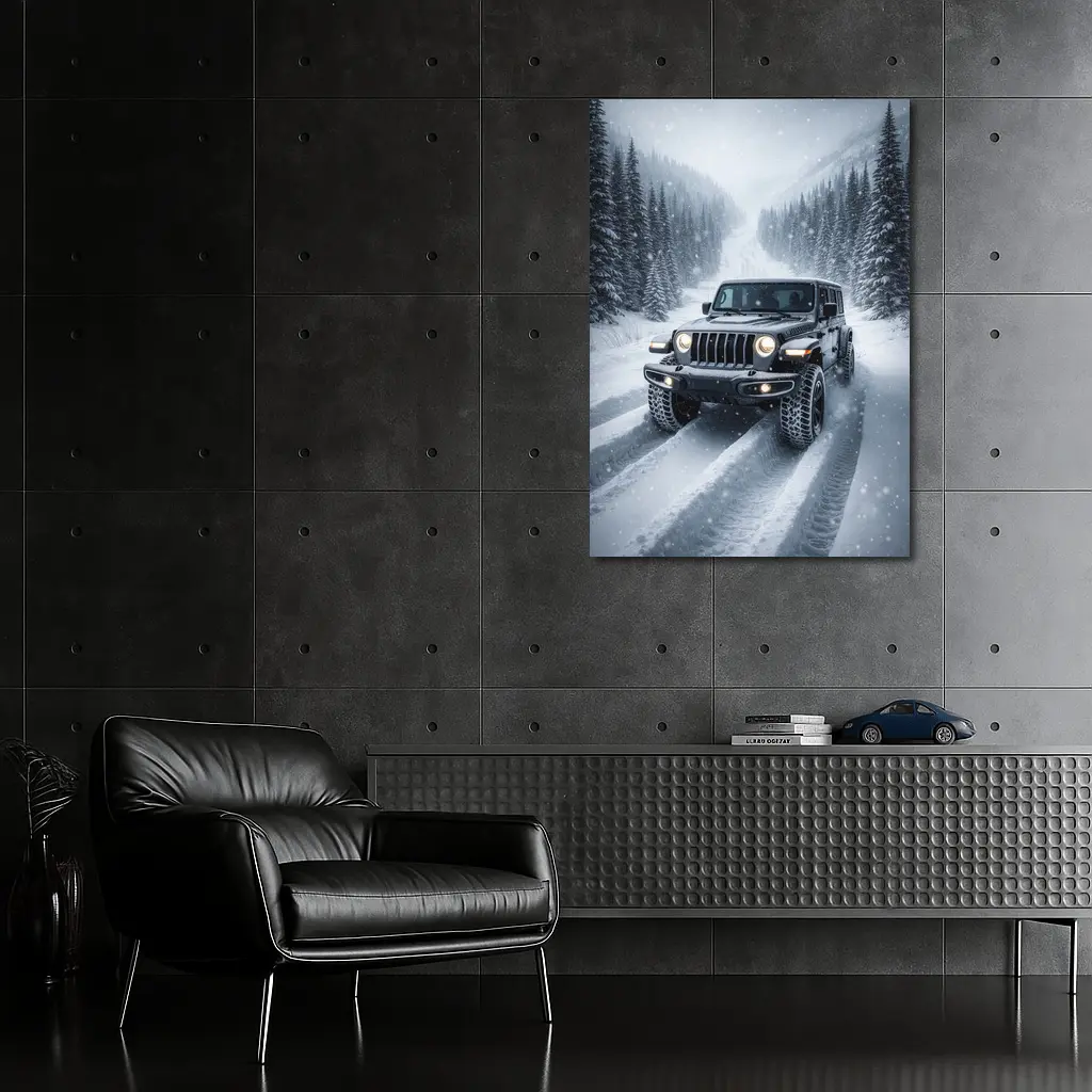 Jeep Wrangler Driving Snow Covered Winter Road – Wall Art