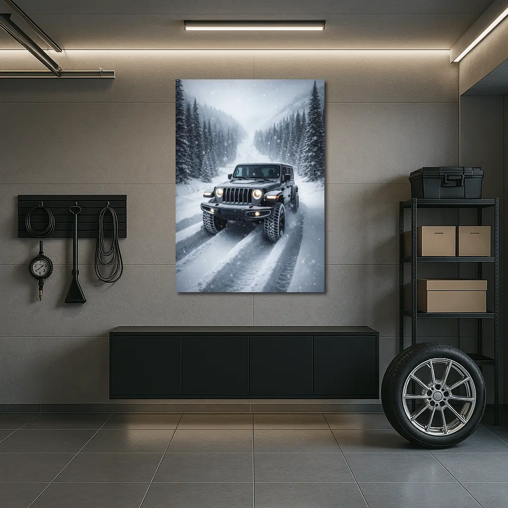 Jeep Wrangler Driving Snow Covered Winter Road – Wall Art
