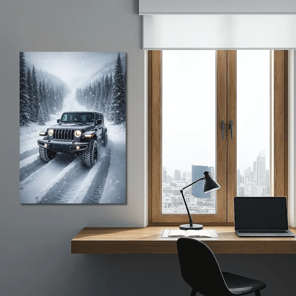 Jeep Wrangler Driving Snow Covered Winter Road – Wall Art