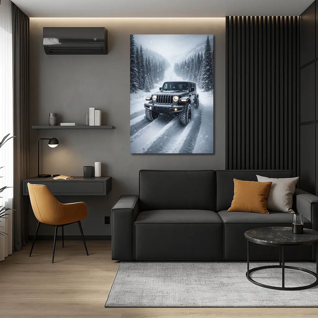 Jeep Wrangler Driving Snow Covered Winter Road – Wall Art
