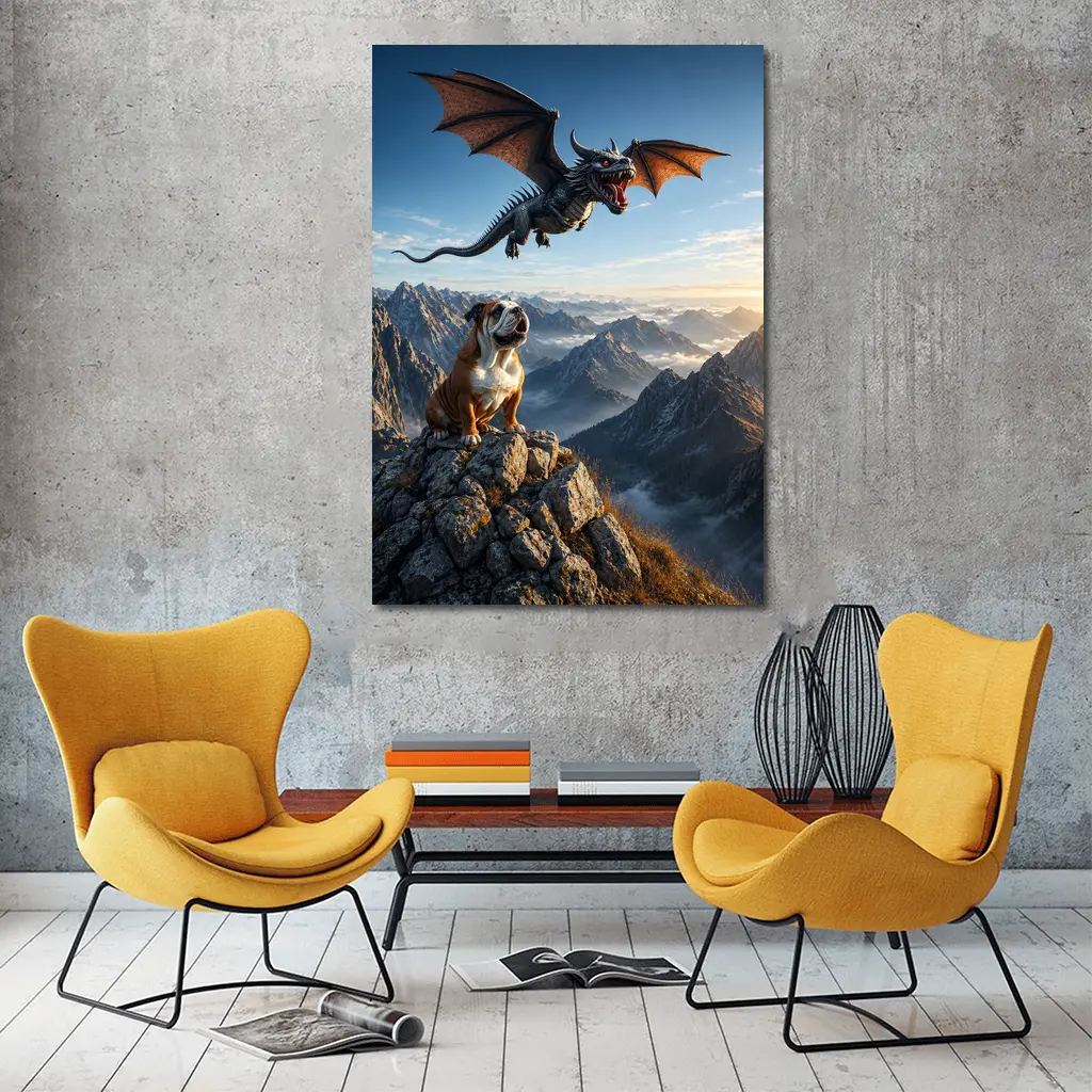 Bulldog and Dragon Over Mountain Peaks – Wall Art