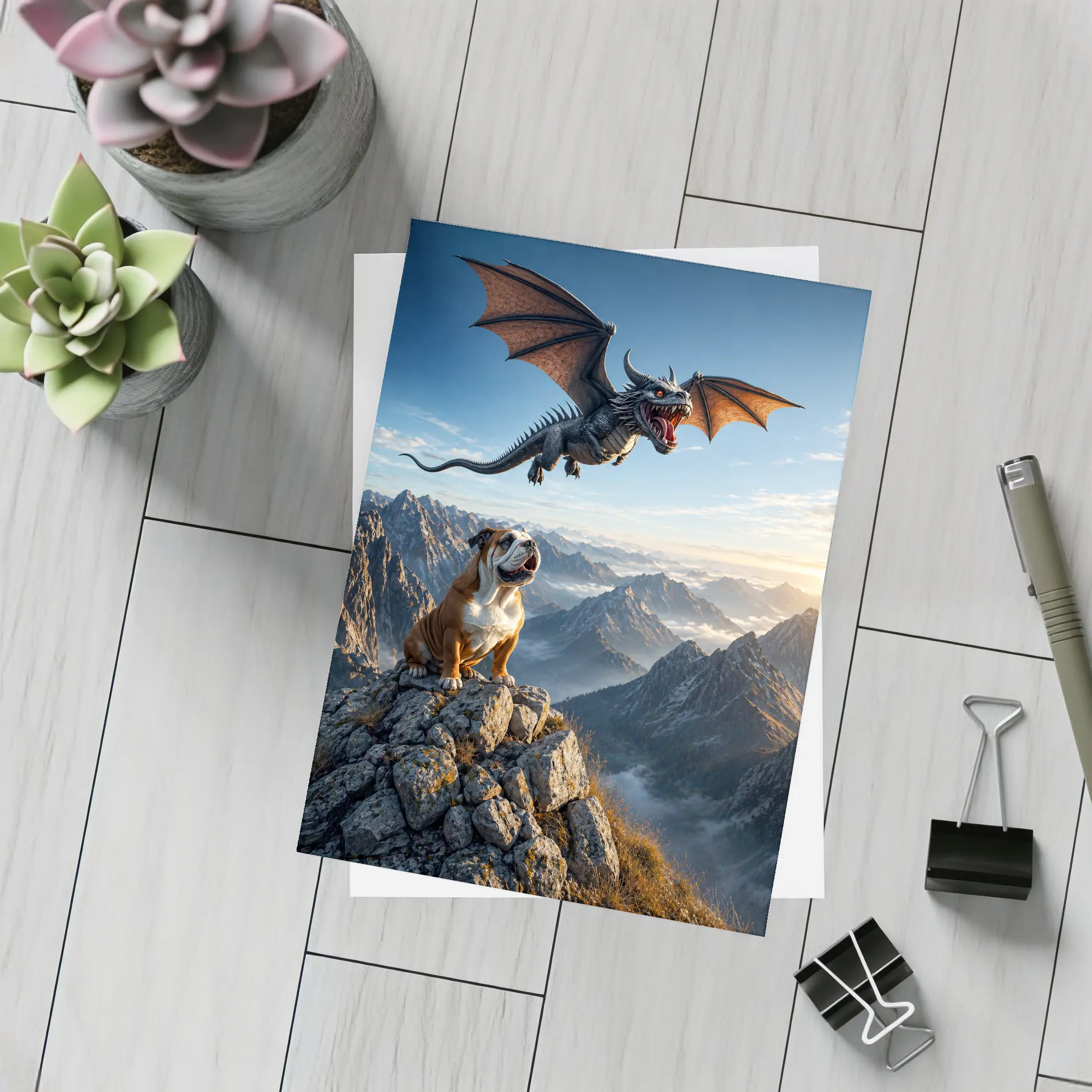 Bulldog and Dragon Over Mountain Peaks – Postcards