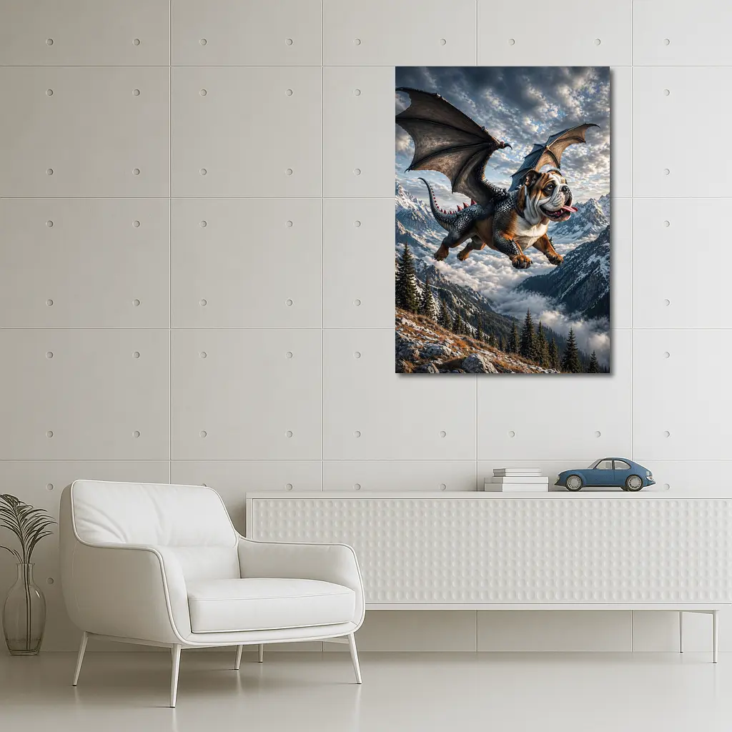 Dragon Bulldog Flying Over Mountain Peaks – Wall Art