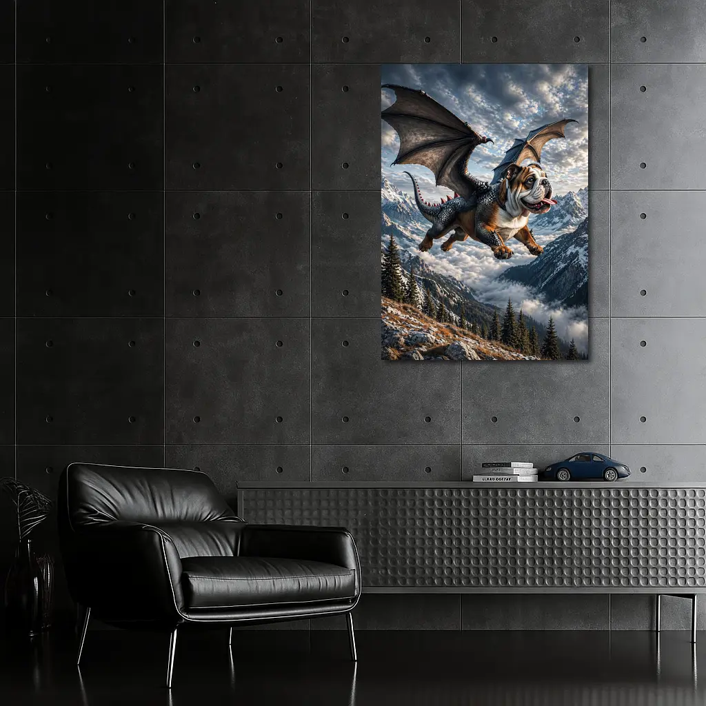 Dragon Bulldog Flying Over Mountain Peaks – Wall Art