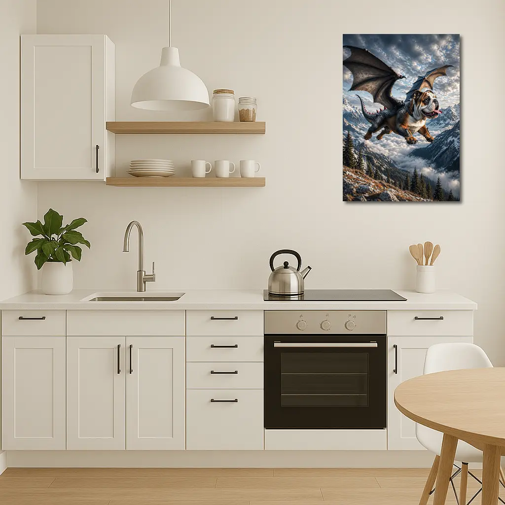 Dragon Bulldog Flying Over Mountain Peaks – Wall Art