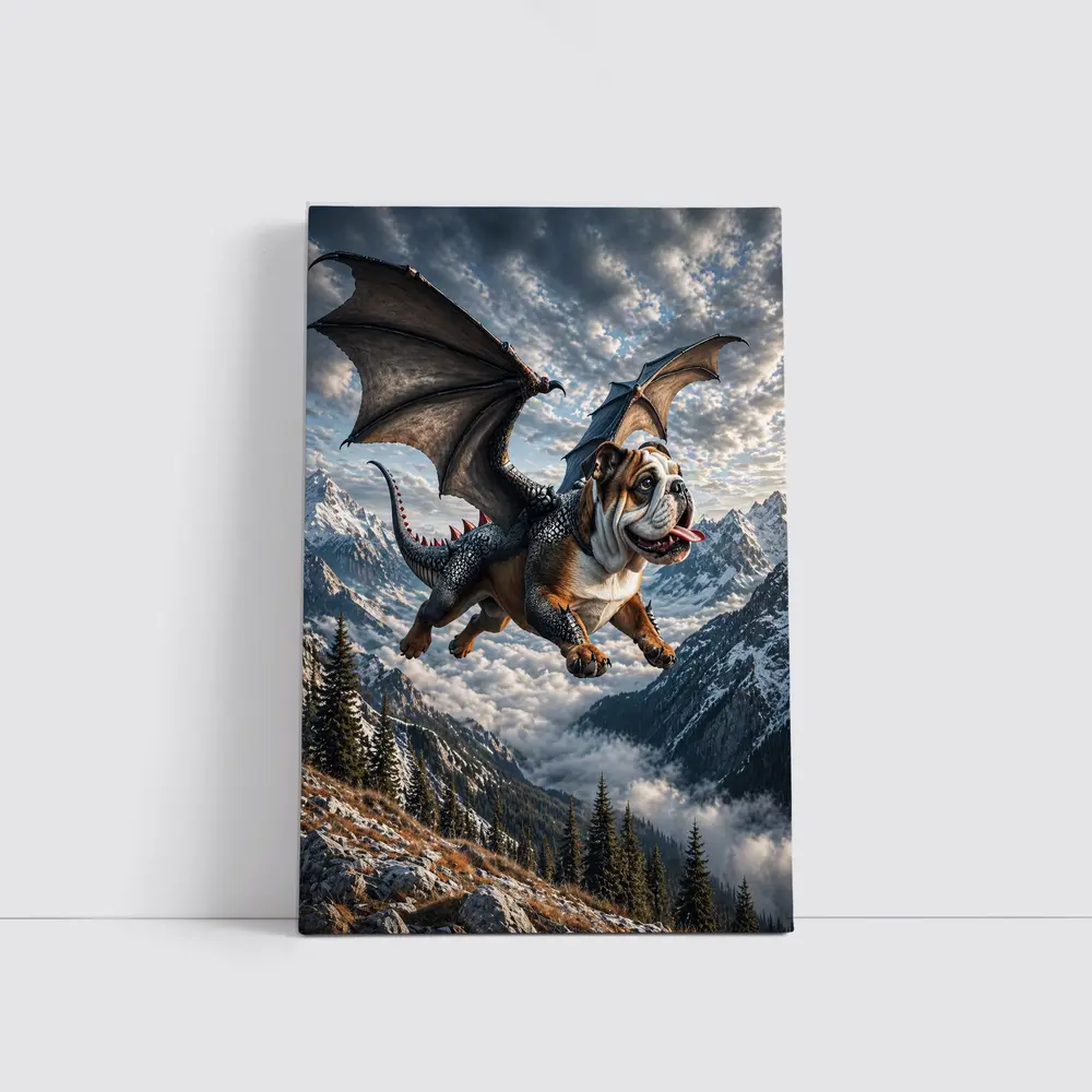 Dragon Bulldog Flying Over Mountain Peaks – Wall Art