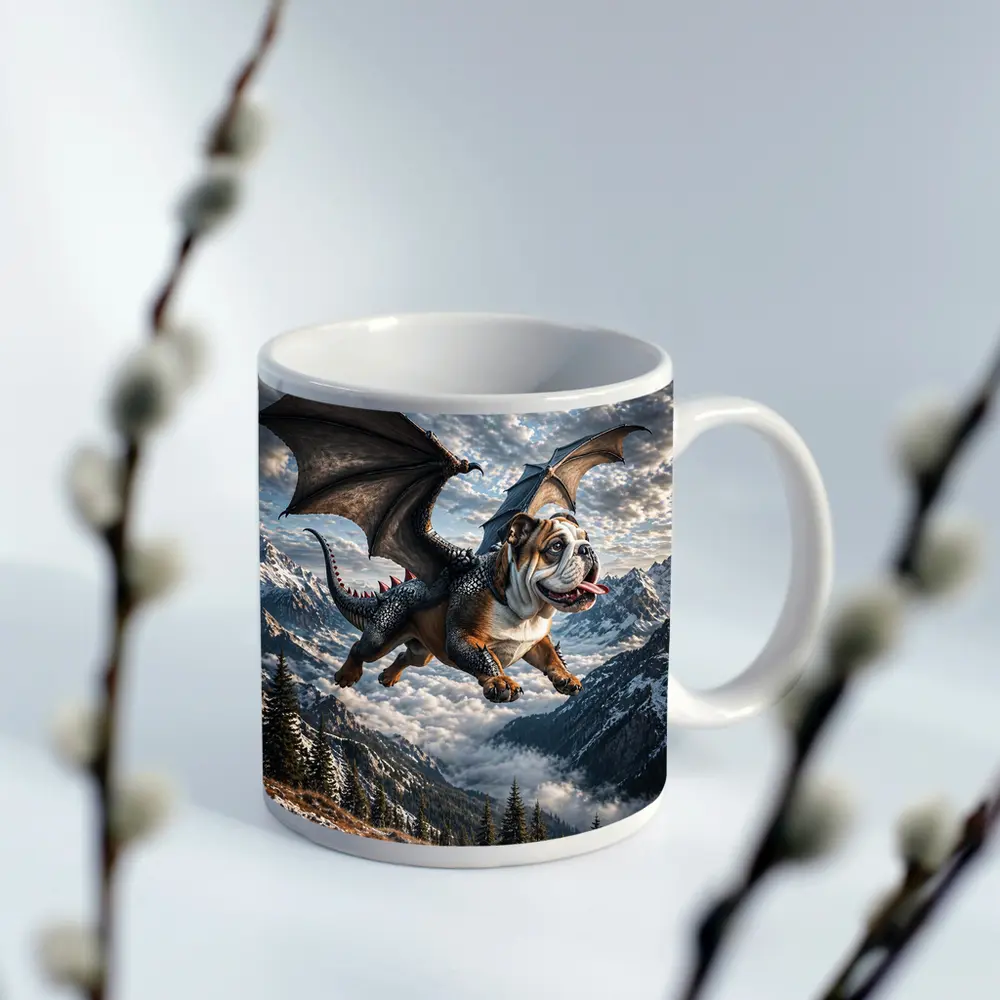 Dragon Bulldog Flying Over Mountain Peaks – Mugs