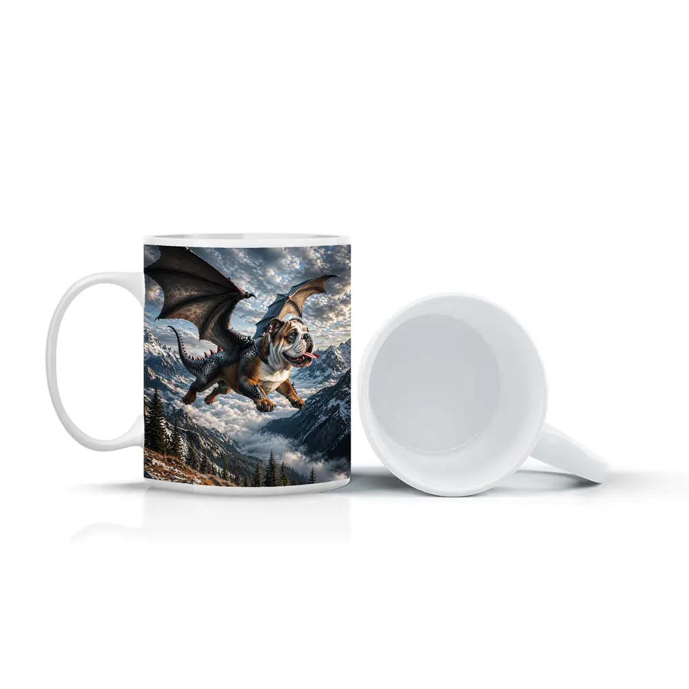 Dragon Bulldog Flying Over Mountain Peaks – Mugs