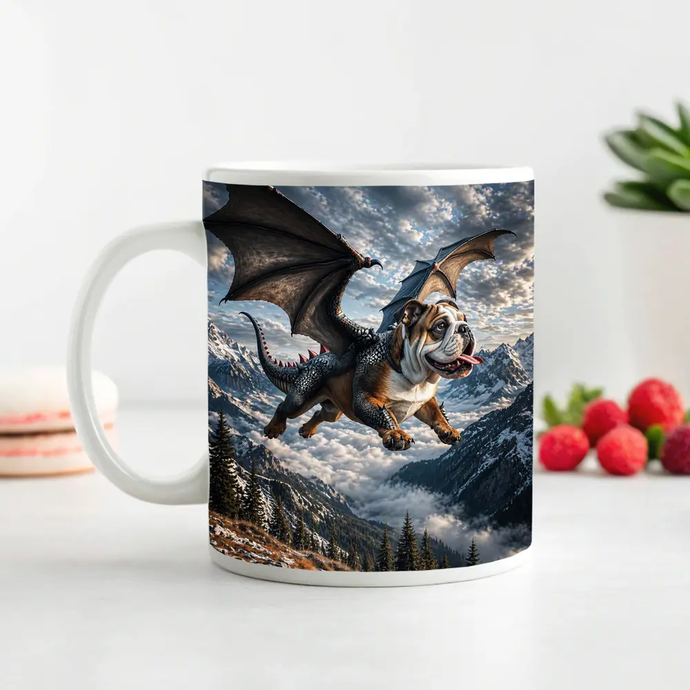 Dragon Bulldog Flying Over Mountain Peaks – Mugs