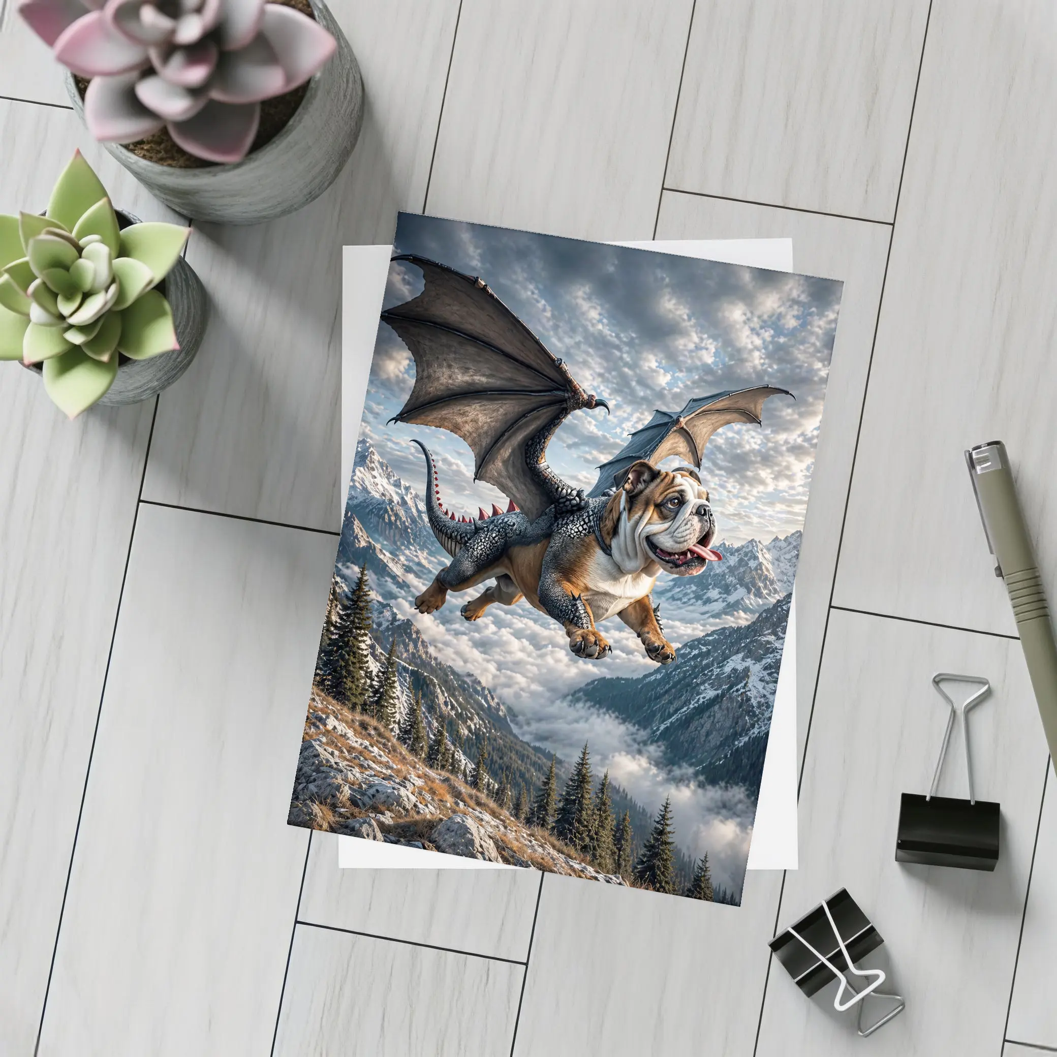 Dragon Bulldog Flying Over Mountain Peaks – Postcards
