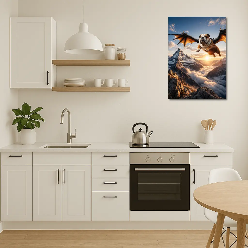 Dragon Winged Bulldog Flying Over Mountains – Wall Art