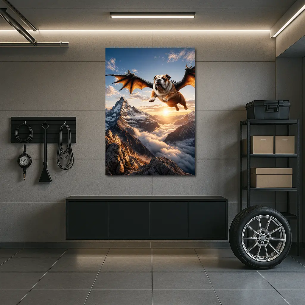 Dragon Winged Bulldog Flying Over Mountains – Wall Art