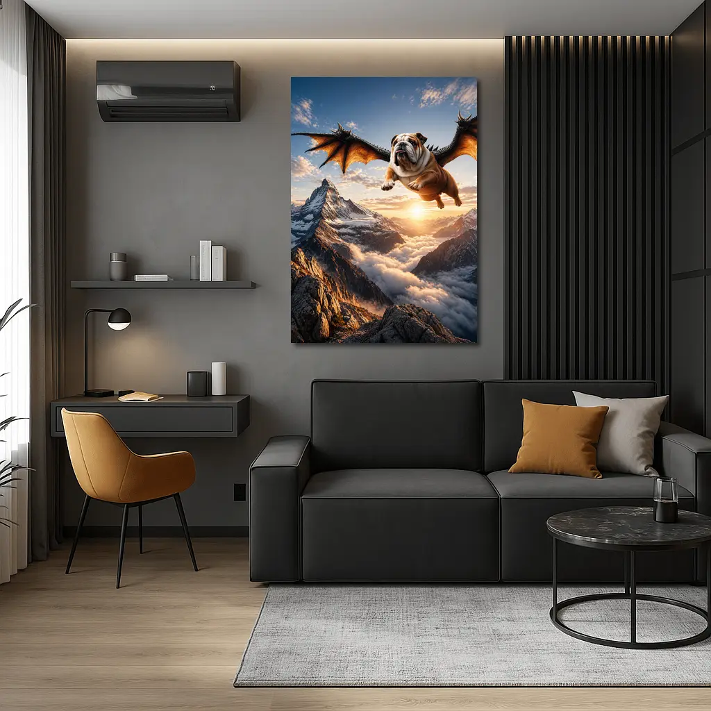 Dragon Winged Bulldog Flying Over Mountains – Wall Art