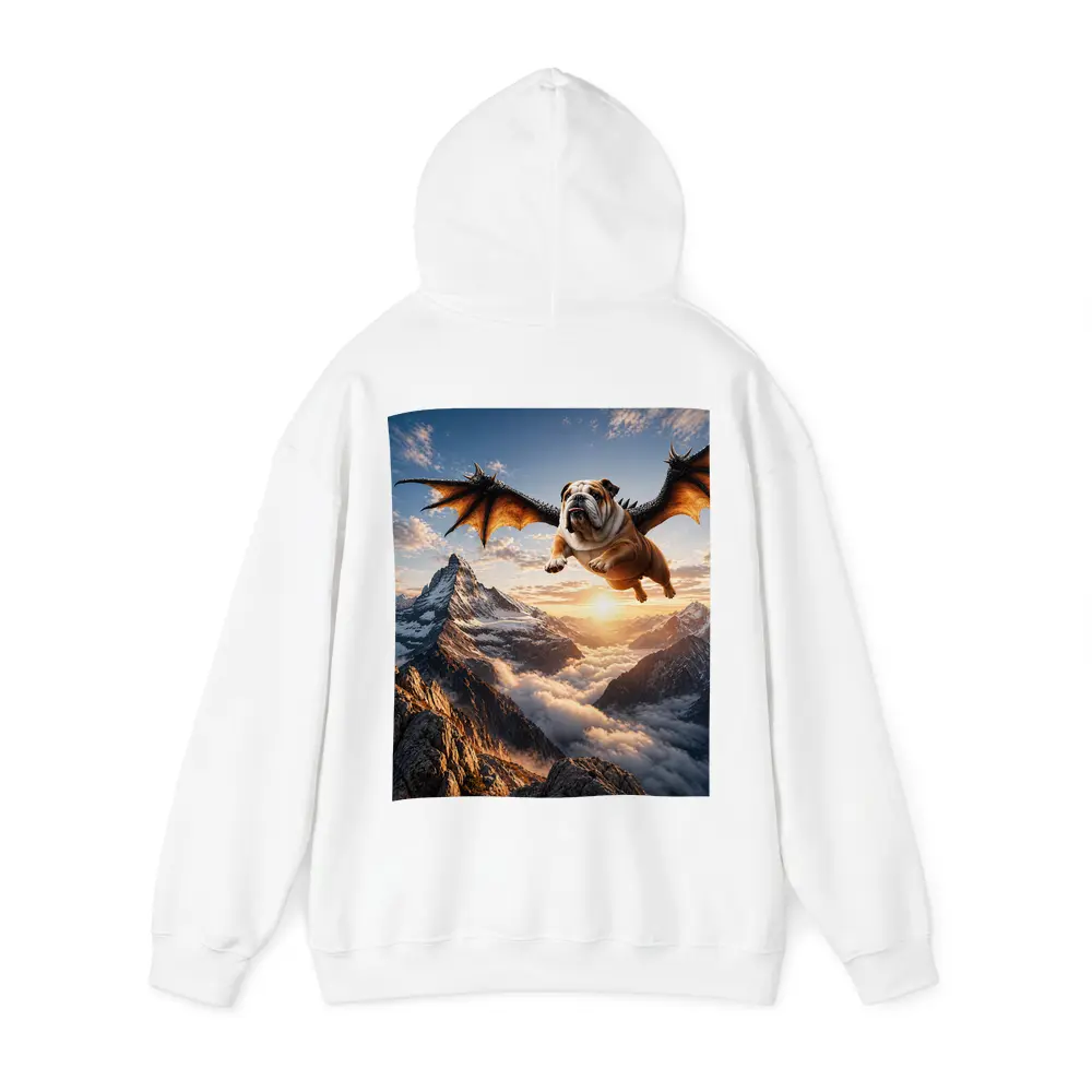 Dragon Winged Bulldog Flying Over Mountains – Hoodies