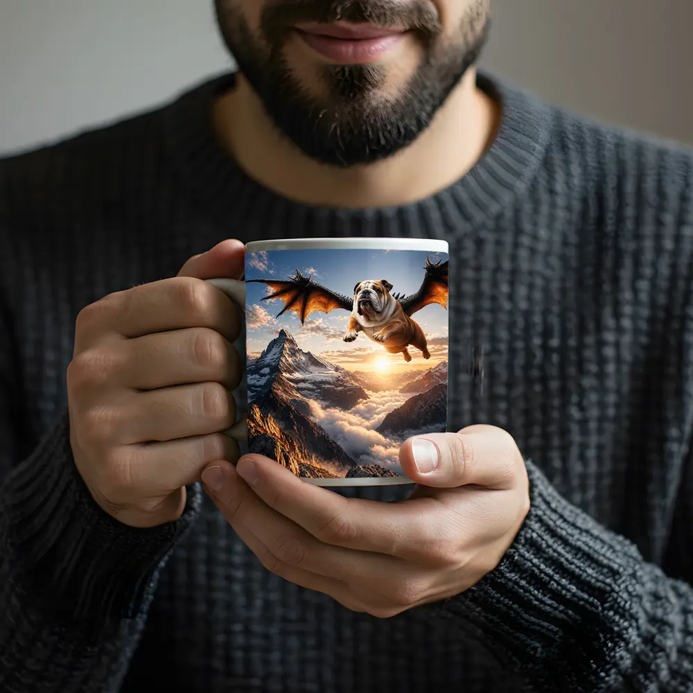 Dragon Winged Bulldog Flying Over Mountains – Mugs