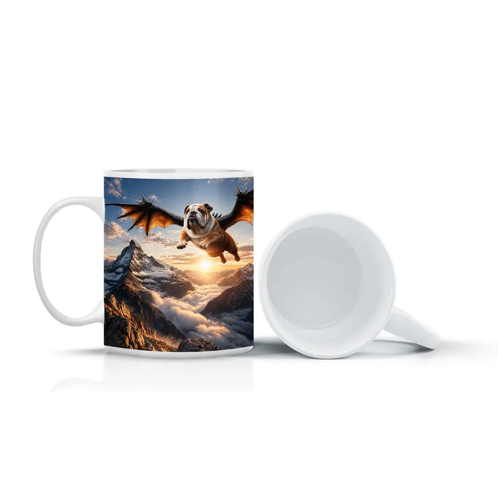 Dragon Winged Bulldog Flying Over Mountains – Mugs