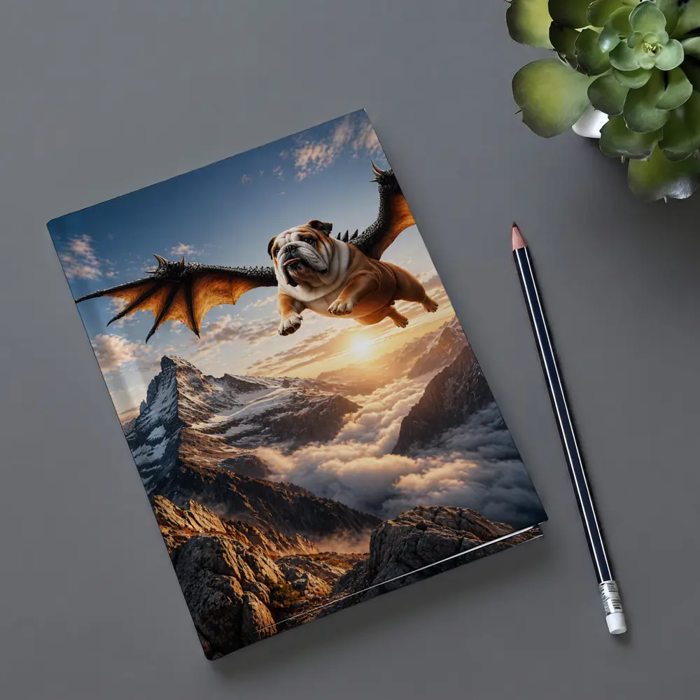 Dragon Winged Bulldog Flying Over Mountains – Notebooks