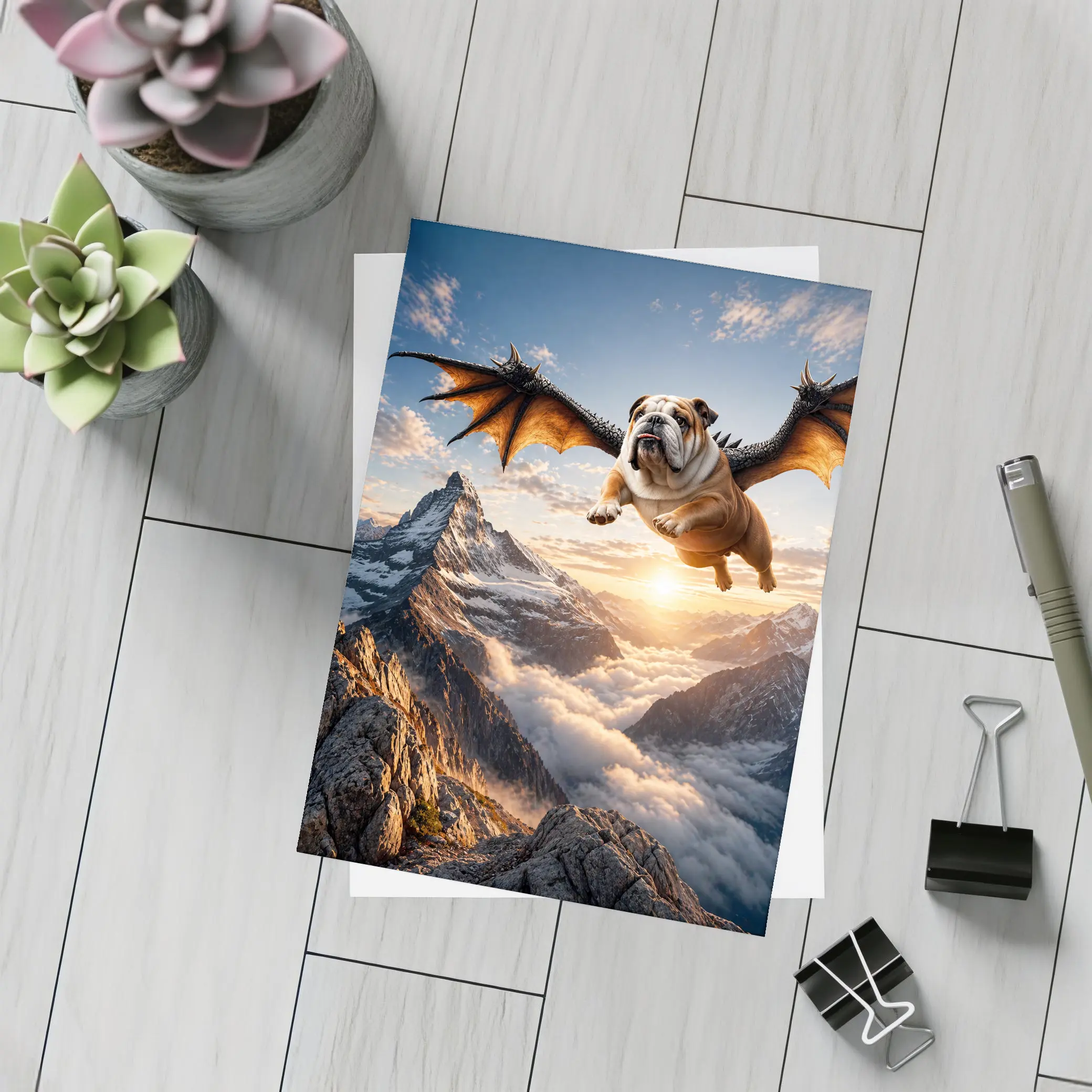 Dragon Winged Bulldog Flying Over Mountains – Postcards